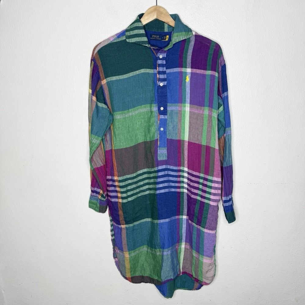 Polo Ralph Lauren Madras Plaid Button Shirt Dress Long Sleeve Midi Womens 6
